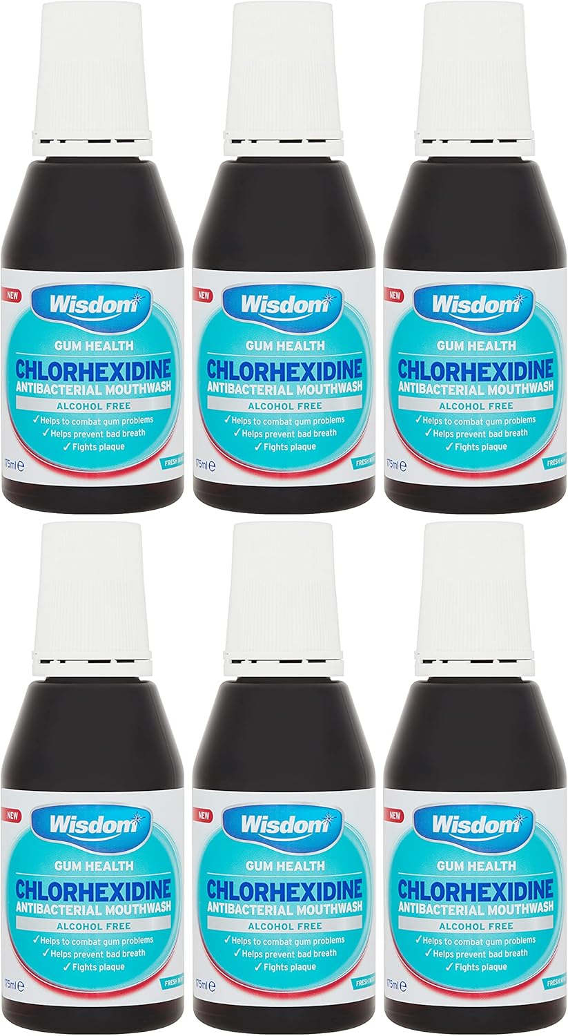 6 x Wisdom Chlorhexidine Antibacterial Alcohol Free Mint Mouthwash 175ml