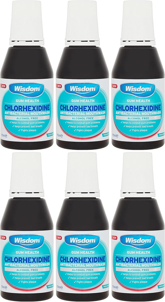 6 x Wisdom Chlorhexidine Antibacterial Alcohol Free Mint Mouthwash 175ml