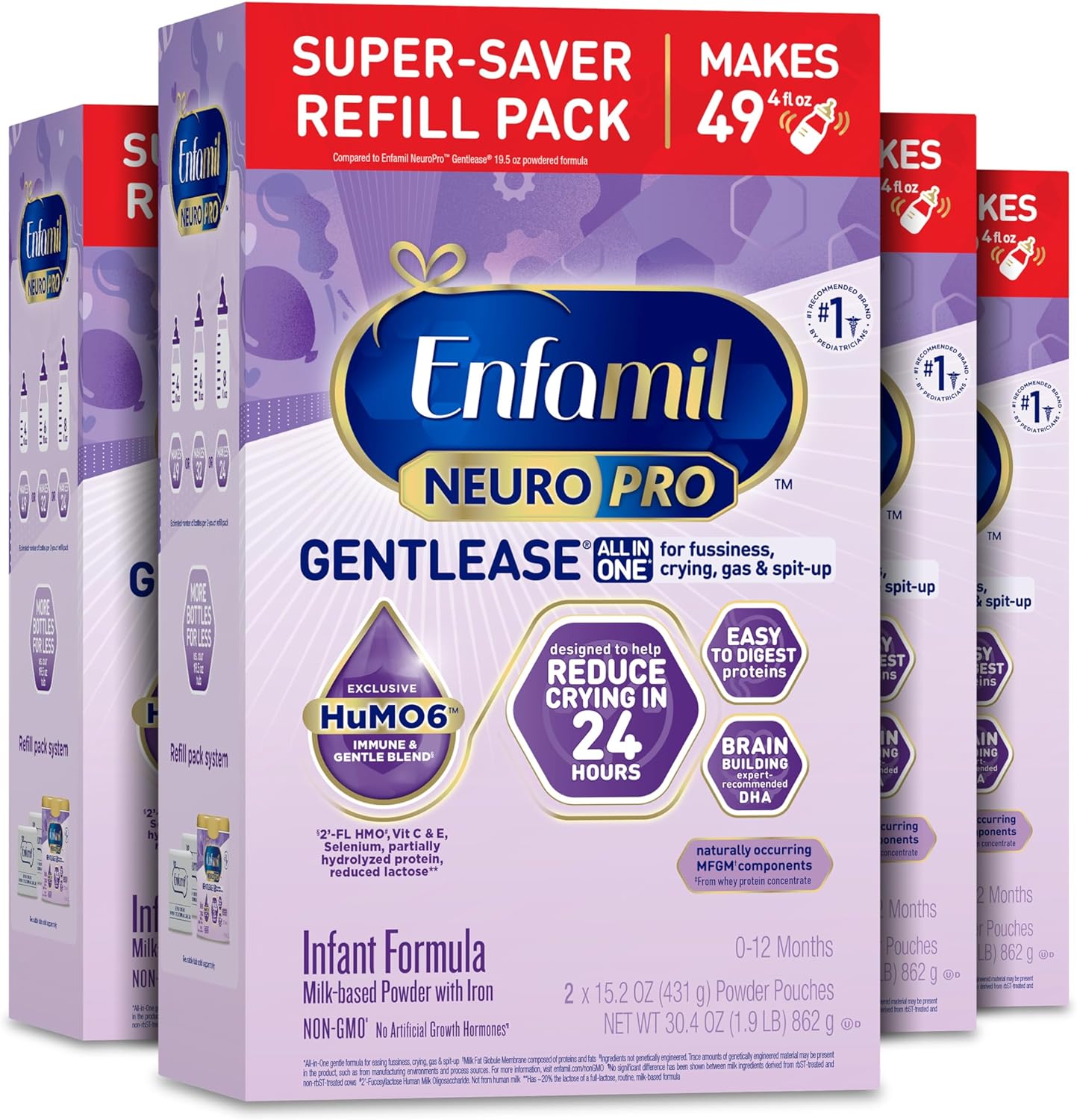 Enfamil NeuroPro Gentlease Baby Formula, Brain Building DHA, HuMO6 Immune Blend, Designed to Reduce Fussiness, Crying, Gas & Spit-up in 24 Hrs, Infant Formula Powder, Baby Milk, 30.4 Oz (Pack of 4)