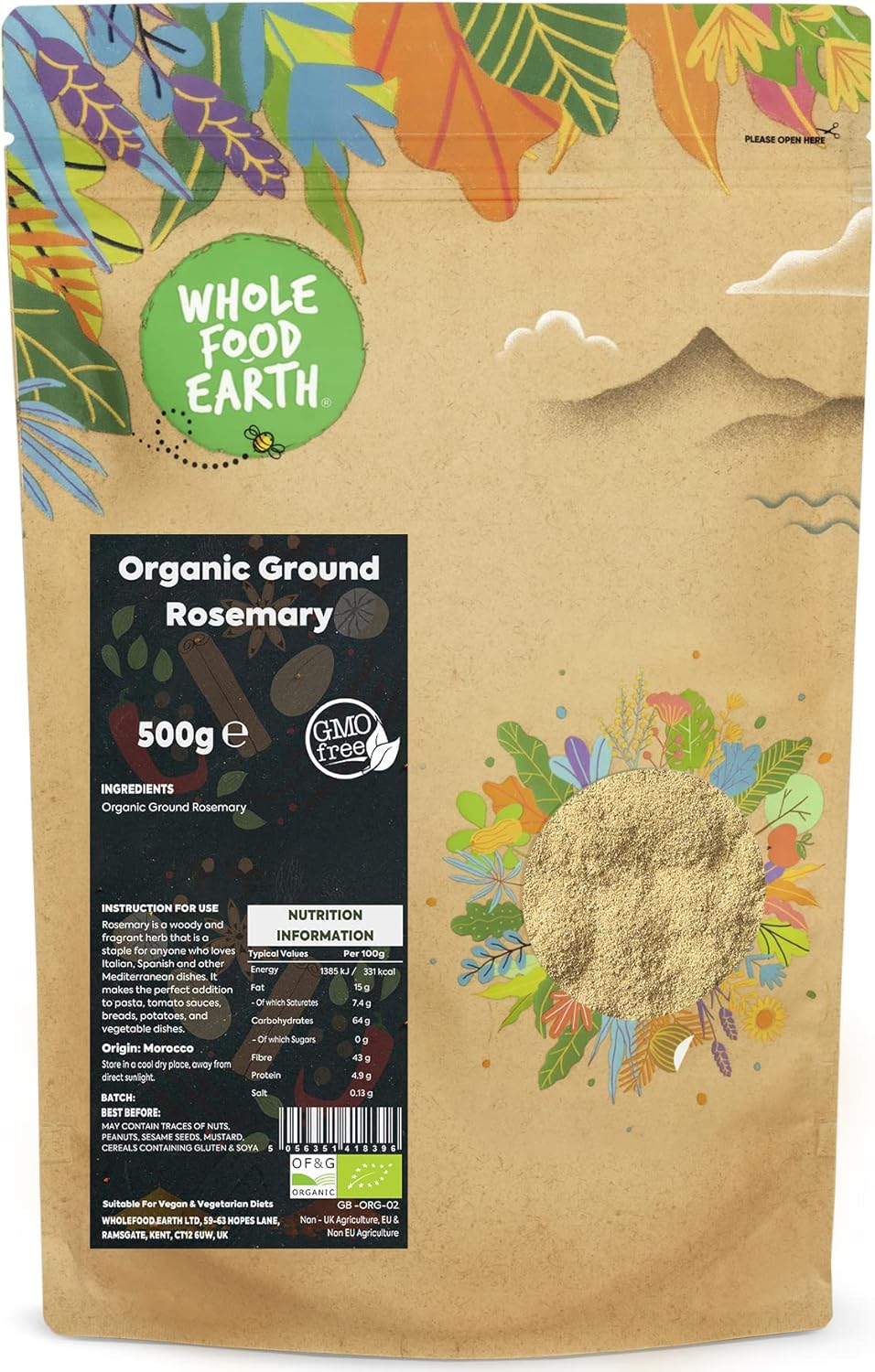 Wholefood Earth Organic Ground Rosemary 500 G | Gmo Free | Certified Organic