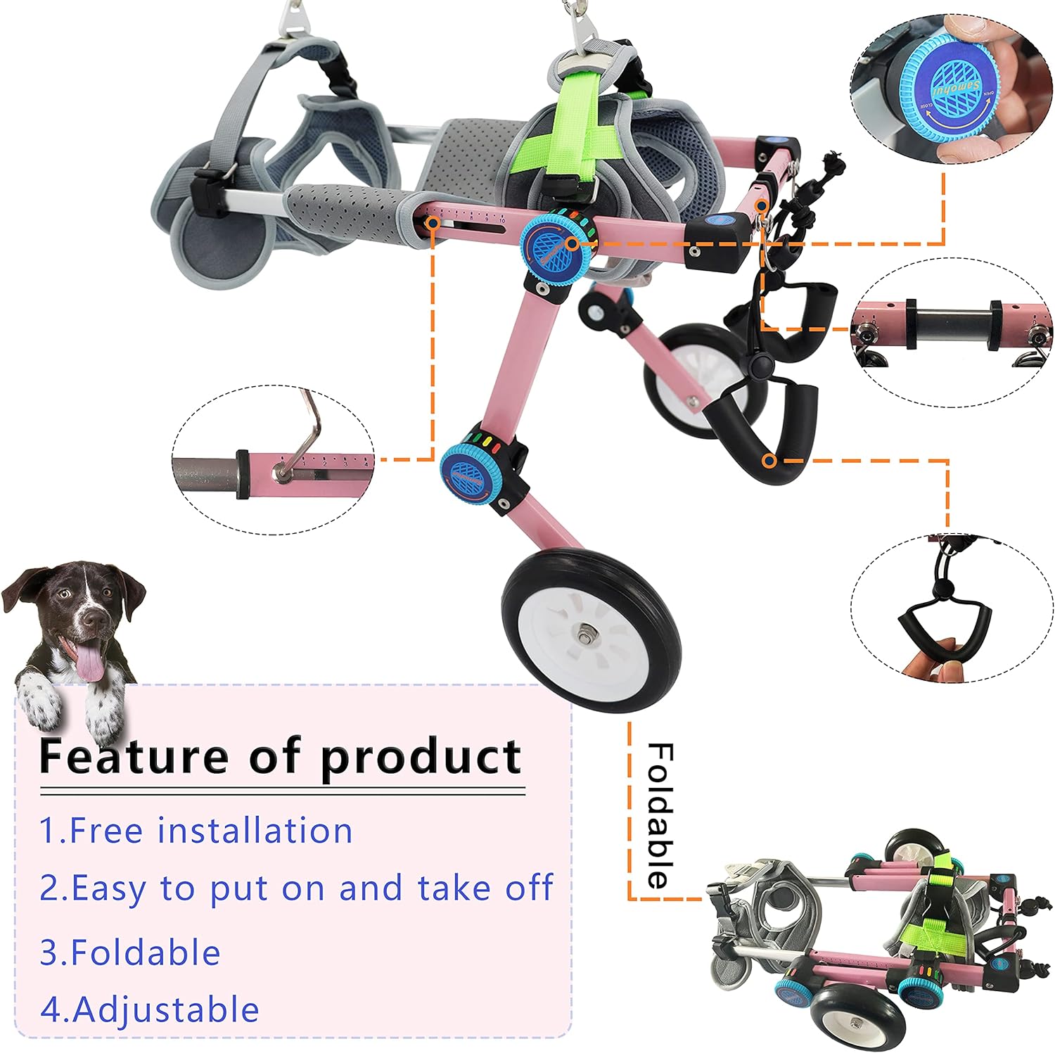 HobeyHove Adjustable Dog Wheelchair,Assist Small Pets with Paralyzed Hind Limbs to Recover Their Mobility Two Colour 5-Size (XS Pink) : Pet Supplies