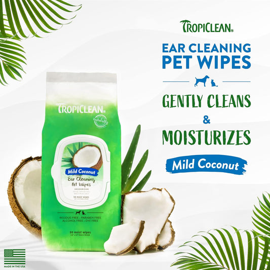 TropiClean Dog Ear Wipes Grooming Supplies - Alcohol Free Ear Cleaning Wipes for Dogs & Cats - Gently Dissolves Wax & Debris - Removes Odour, Soothes Itching & Infection, Kiwi Fragrance Free, 50ct?TRECWP50CT