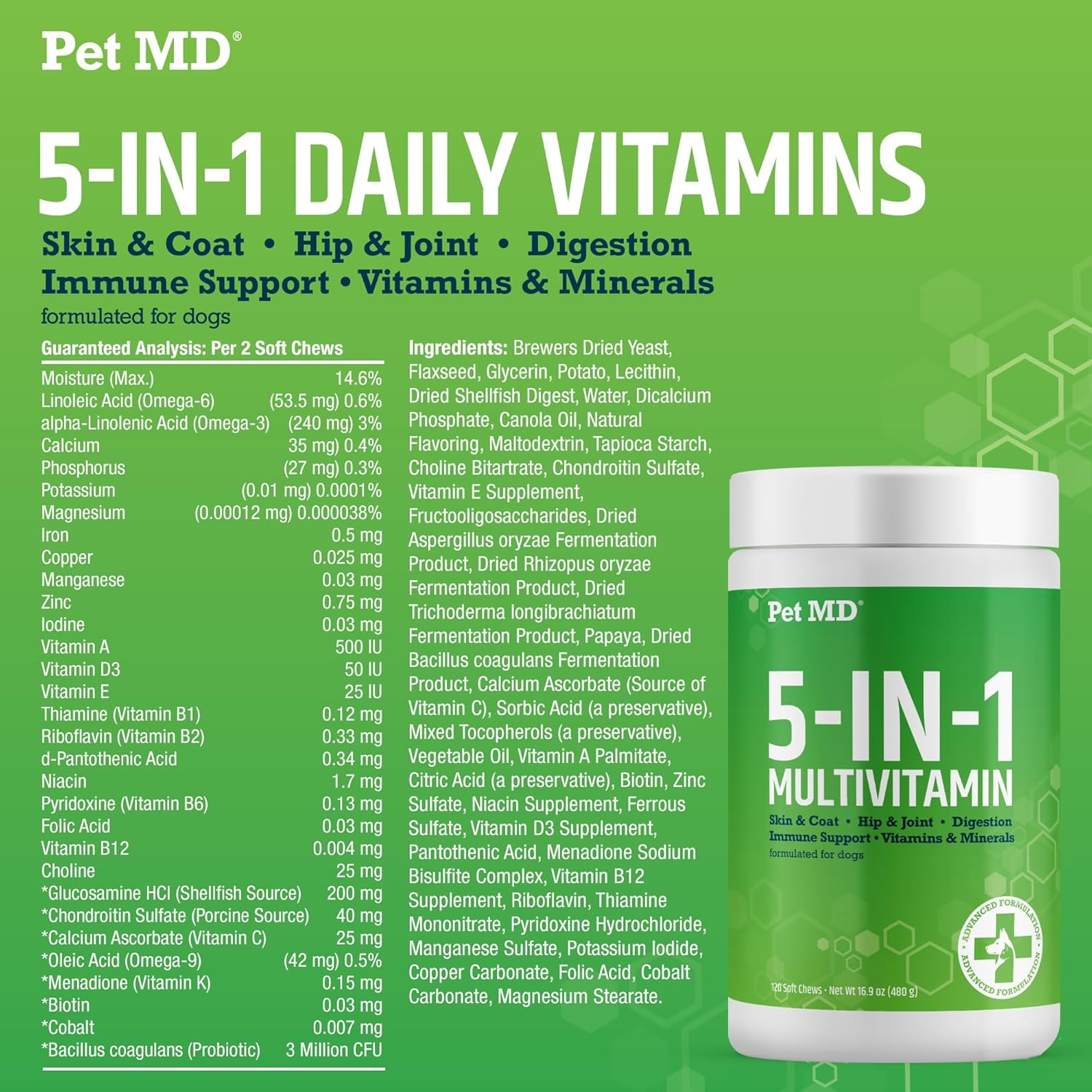 Pet MD 5in1 Dog Multivitamin - 30 Essential Vitamins, Minerals & Nutrients for Skin & Coat, Hip & Joint, Digestion, Immune & Senior Dog Vitamins - Glucosamine, Omega 3 6 9, & Probiotics - 120 ct : Pet Supplies