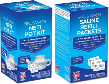 Rite Aid Neti Pot Nasal Rinse Kit And Saline Rinse Packets | Includes 130 Natural Saline Packets | Nasal Relief | Allergy Relief Saline Solution | Nasal Rinse | Sin