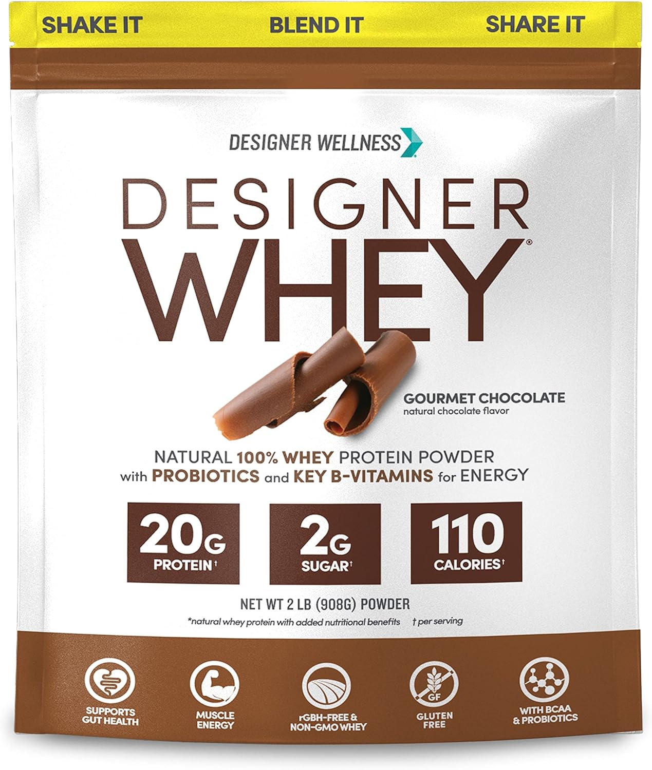 Designer Wellness, Designer Whey, Natural Whey Protein Powder with Probiotics, Fiber, and Key B-Vitamins for Energy, Gluten-Free, Gourmet Chocolate, 2 lb