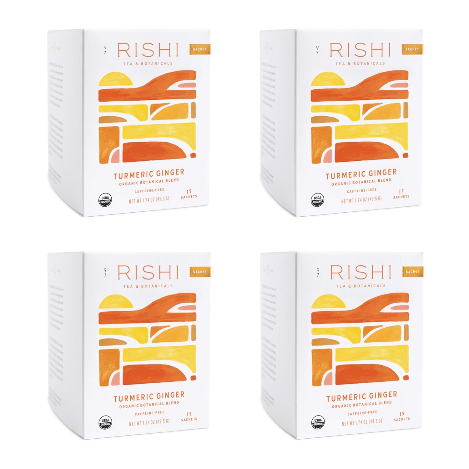 Rishi Tea Turmeric Ginger Herbal Tea | Immune Support, Usda Certified Organic, Caffeine-Free, Ayurvedic, Energy-Boosting, Citrus Flavors For Taste | 15 Sachet Bags, 1.75 Oz (Pack Of 4)