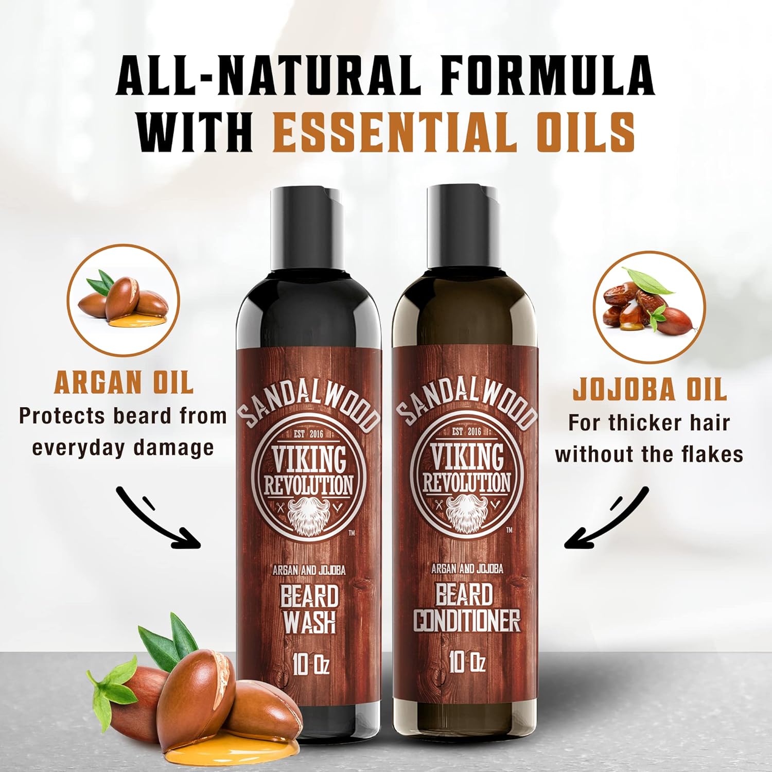Beard Wash & Beard Conditioner Set w/Argan & Jojoba Oils - Softens & Strengthens - Natural Sandalwood Scent - Beard Shampoo w/Beard Oil (10oz) : Beauty & Personal Care