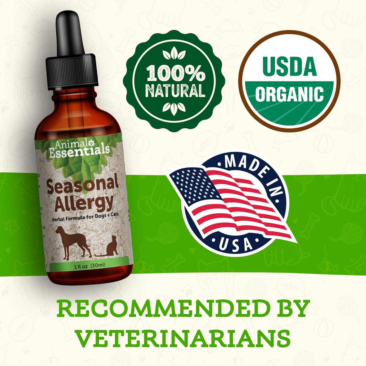 Animal Essentials Seasonal Allergy- Herbal Formula for Dogs & Cats for Occasional Allergy Relief, Sweet Taste, 100% Organic Human Grade Herbs, Veterinarian Recommended Animal Wellness Tonics - 1 Fl Oz : Pet Herbal Supplements : Pet Supplies