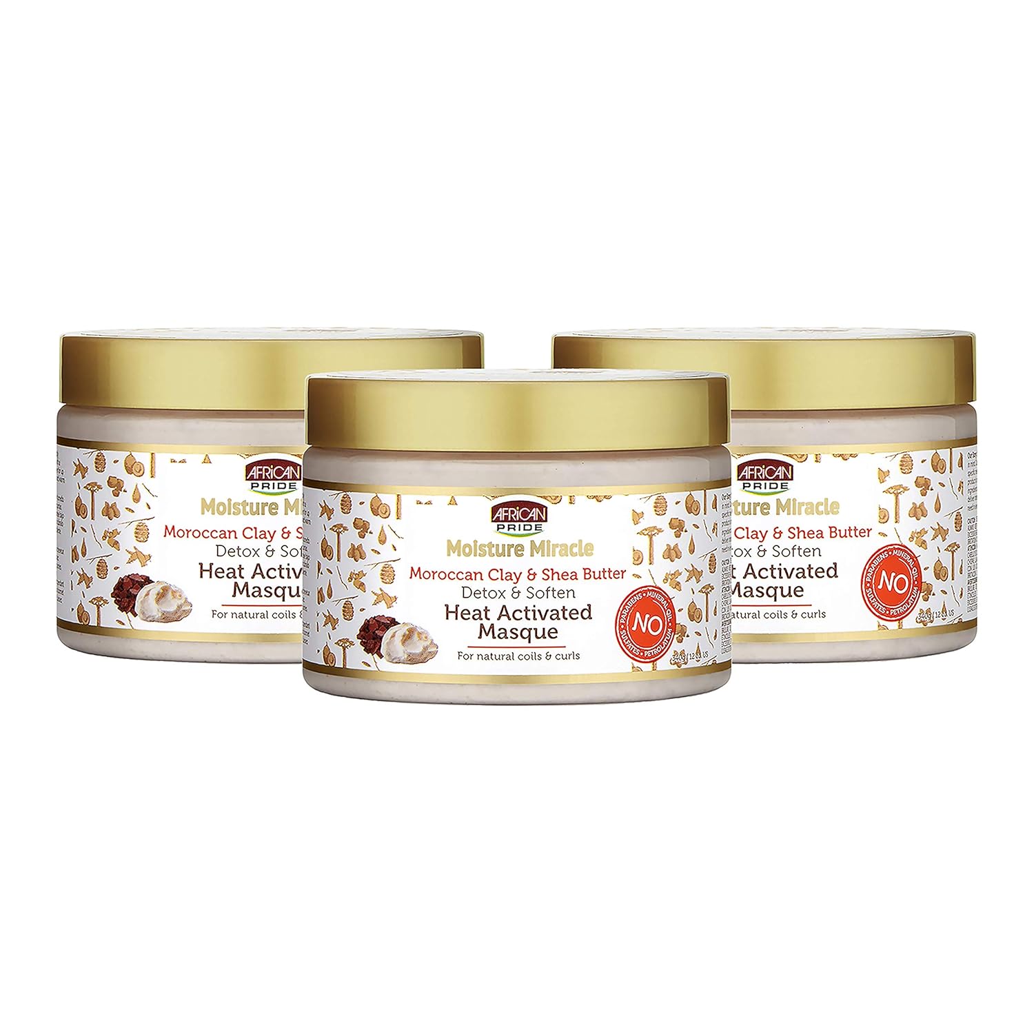 African Pride Moisture Miracle Moroccan Clay & Shea Butter Heat Activated Masque - For Natural Coils & Curls, Detoxes & Softens, Removes Impurities & Product Build-Up from Hair 12 oz (3 Pack)