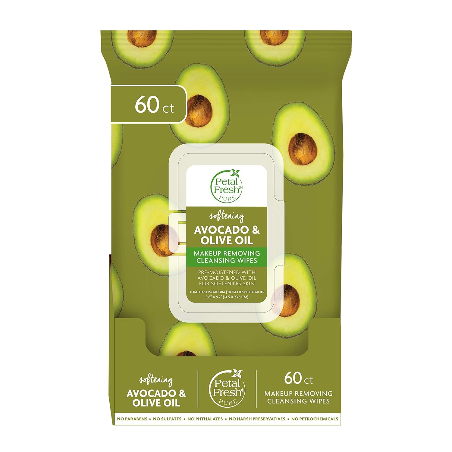Petal Fresh Softening & Protecting Avocado & Olive Oil Makeup Removing, Cleansing Towelettes, Gentle Face Wipes, Daily Cleansing, Vegan And Cruelty Free, 60 Count