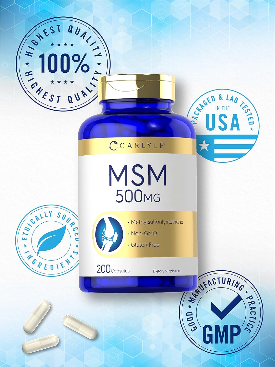 Carlyle MSM Supplement | 500mg | 200 Capsules | Non-GMO, and Gluten Free Formula | Methylsulfonylmethane : Health & Household