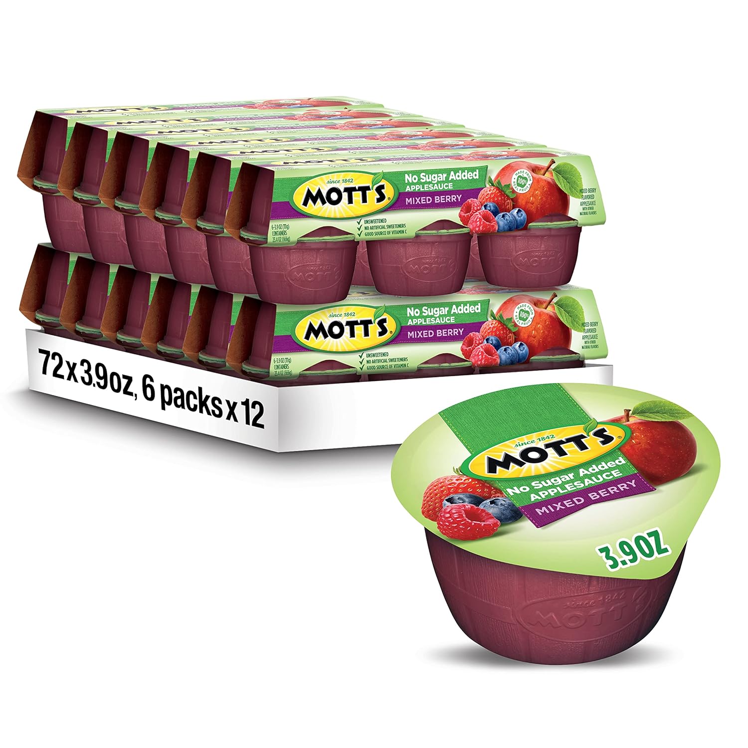 Mott'S No Sugar Added Mixed Berry Applesauce, 3.9 Ounce Cup, 6 Count (Pack Of 12)