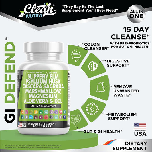 Clean Nutraceuticals Slippery Elm 5000Mg Psyllium Husk 2000Mg Pre Probiotic Digestive Gut Health Supplement With Aloe Vera Cascara Sagrada 2000Mg Marshmallow Root Dgl Licorice Senna Extract