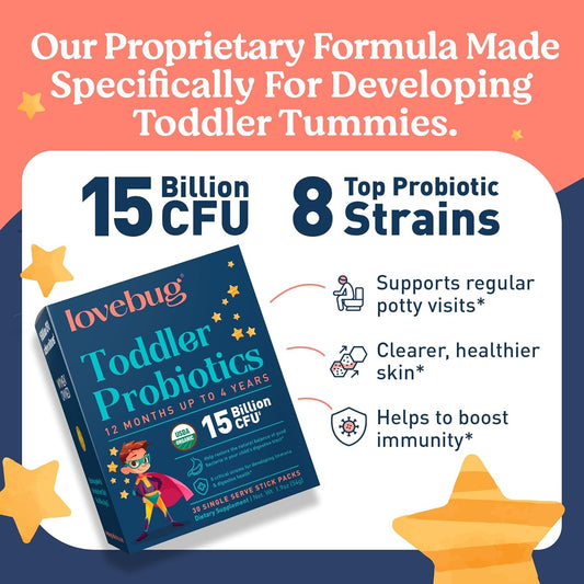 Lovebug Toddler Probiotics - Organic Probiotic For Kids & Toddler Constipation Relief, Stomach Discomfort And Softer Bowel Movements, Clear Dissolvable Powder, Ages 12 Months To 4 Year Olds - 30 Pack