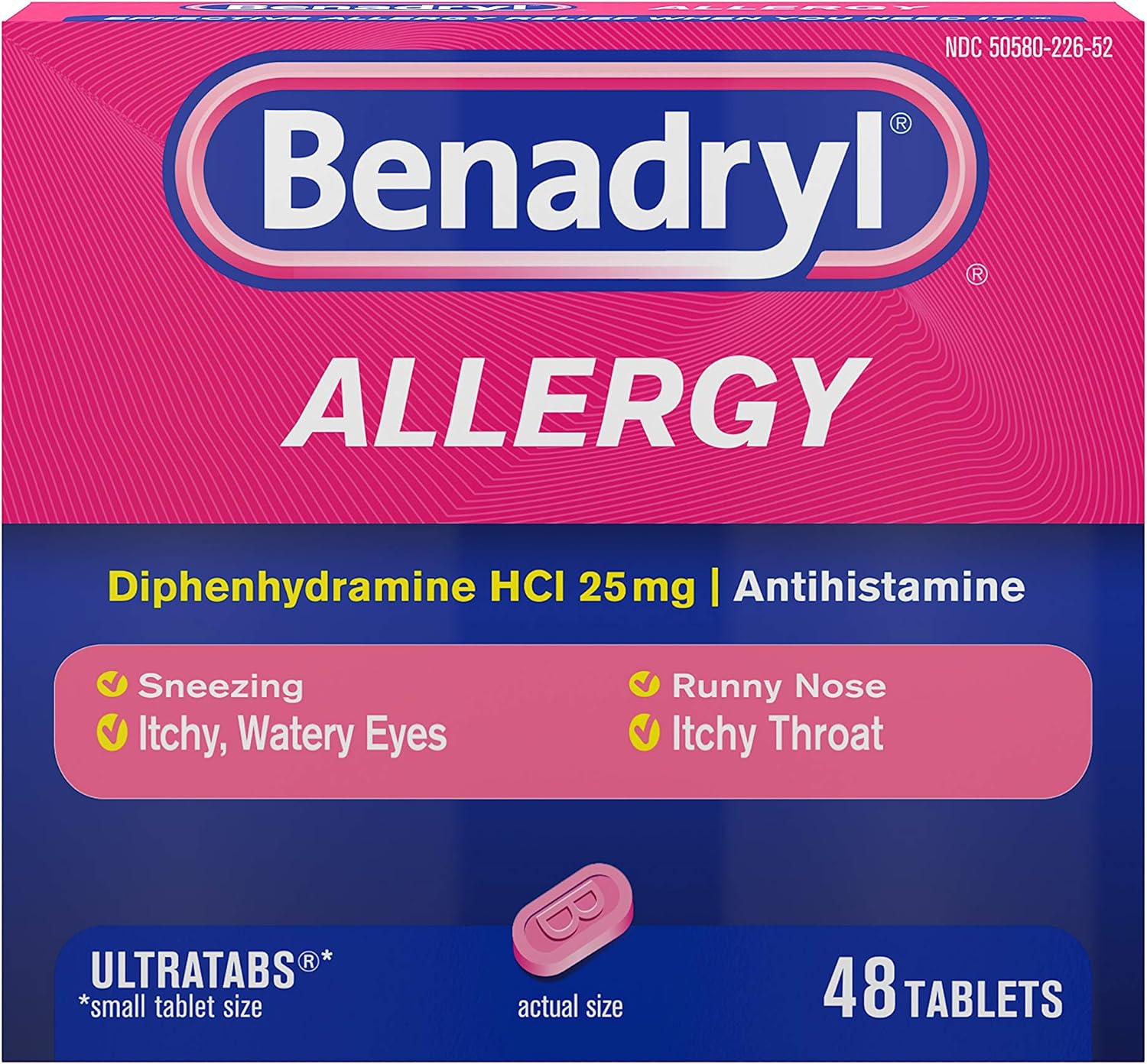 Benadryl Ultratabs Antihistamine Allergy Medicine, Diphenhydramine Hcl Tablets, 48 Ct