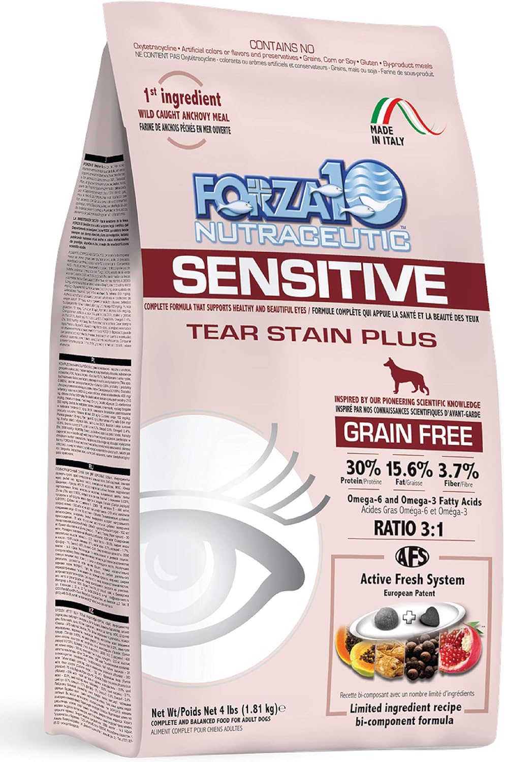 Forza10 Sensitive Tear Stain Remover Dry Dog Food, Grain Free Reduce Tear Stains Dog Eye Care Tear Stain Remover Vet Recommended, Dog Tear Stain 4 Pounds Adult Dogs