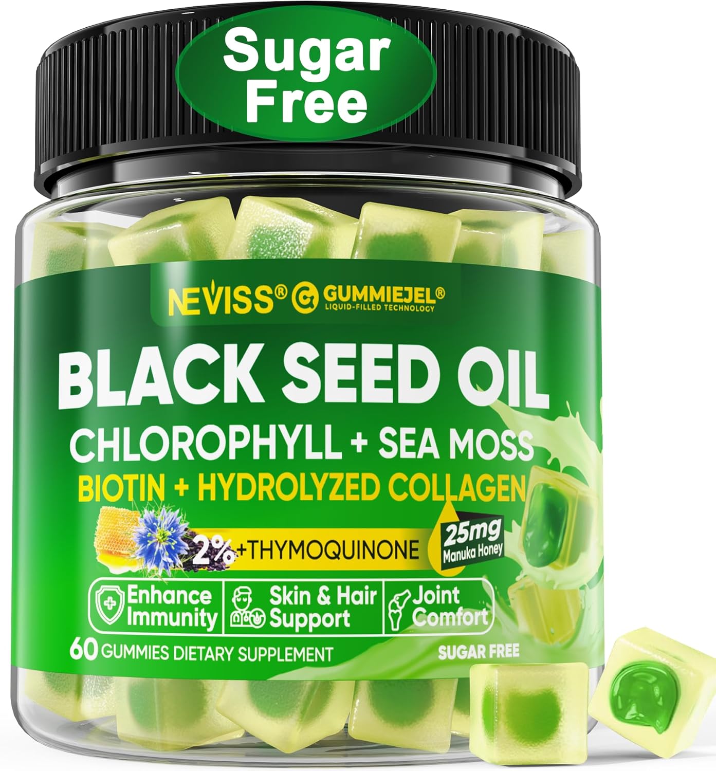 Neviss Black Seed Oil Gummies, Chlorophyll & Sea Moss Supplement 500Mg, Biotin 500Mcg With Hydrolyzed Collagen For Skin, Hair & Nails Health, Digestion, Joint, Organic Cold Pressed - High Absorption