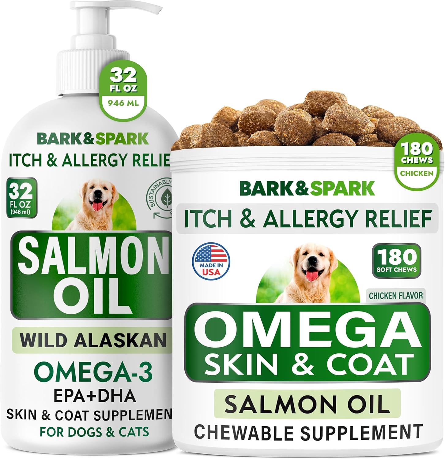 Bark&Spark Omega 3 For Dogs Bundle - Anti-Itch Skin + Skin Allergy - Omega 3 Fish Oil + Epa & Dha Fatty Acids - Itching & Paw Licking + Itch Relief - 180 Chews + 32Oz Salmon Oil - Made In Usa