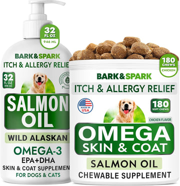 Bark&Spark Omega 3 For Dogs Bundle - Anti-Itch Skin + Skin Allergy - Omega 3 Fish Oil + Epa & Dha Fatty Acids - Itching & Paw Licking + Itch Relief - 180 Chews + 32Oz Salmon Oil - Made In Usa