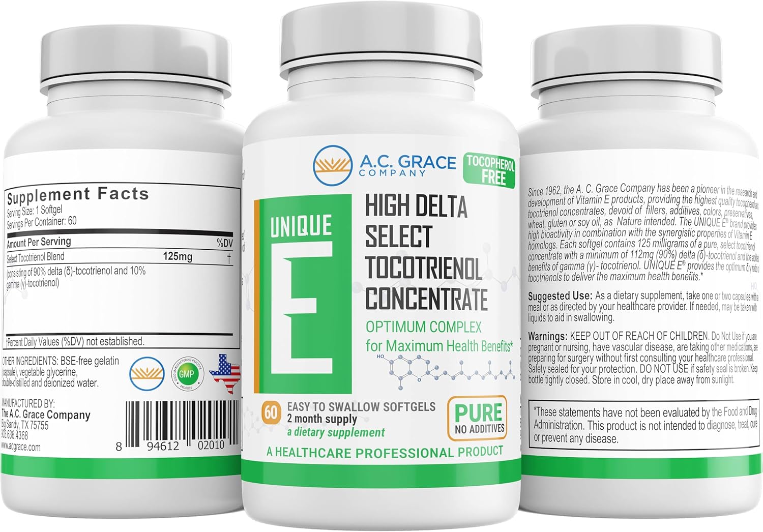 Unique E A.C. Grace Company, Tocotrienols - Tocopherol Free Softgels, 60 Count : Health & Household