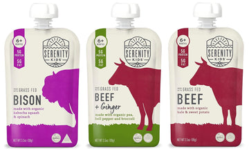 Serenity Kids Regenerative Land To Market Verified Baby Food Pouch Bundle | 6 Each Of Grass Fed Bison, Beef & Ginger, And Beef (18 Count)