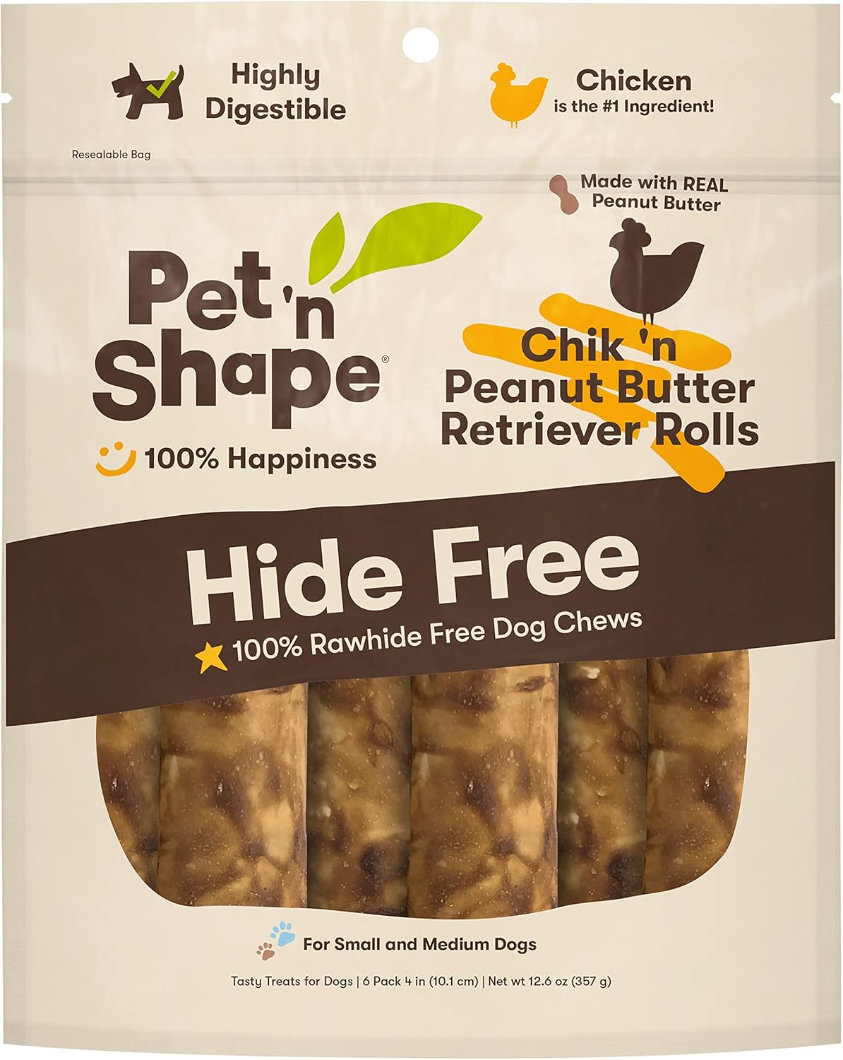 Pet 'N Shape Hide Free Chik 'N & Peanut Butter 4" Retriever Rolls, 6 Count 12.6 Oz - Rawhide Free Dog Treats - No Hide Alternative Chew Treat For All Life Stages