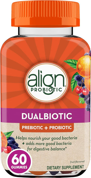 Align DualBiotic, Prebiotic + Probiotic for Women and Men, Help Nourish and Add Good Bacteria for Digestive Support, Natural Fruit Flavors, 60 Gummies