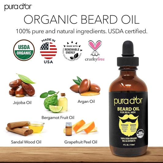 Pura D'Or 4 Oz Organic Beard Oil - Usda Certified - 100% Natural Leave-In Conditioner, Argan & Jojoba Oil - Mustache Care & Maintenance, Increase Softness & Strength - Beard Hair, Skin & Face