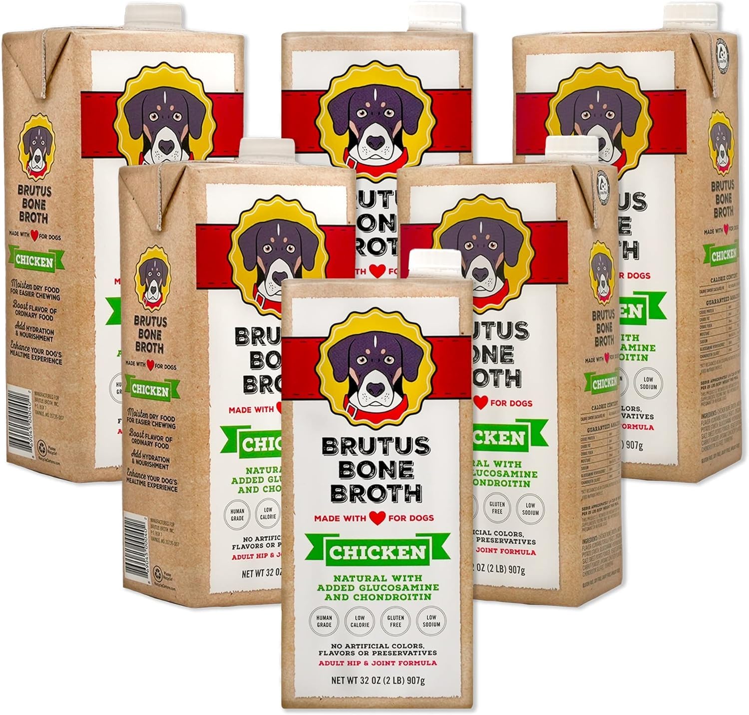 Brutus Chicken Broth for Dogs - All Natural Chicken Bone Broth for Dogs with Chondroitin Glucosamine Turmeric -Human Grade Dog Food Toppers for Picky Eaters & Dry Food -Tasty & Nutritious- Pack of 6