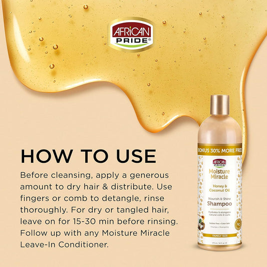 African Pride Moisture Miracle - For Natural Coils & Curls, Nourishes & Shines, Sulfate Free, Color Safe (Shampoo)