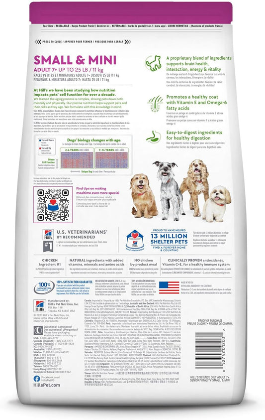 Hill'S Science Diet Senior Vitality, Senior Adult 7+, Small & Mini Breeds Senior Premium Nutrition, Dry Dog Food, Chicken & Rice, 12.5 Lb Bag