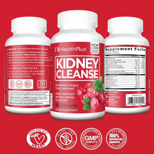 Health Plus Advanced Kidney Cleanse with Cranberry Extract, Turmeric Root and CoQ10, Helps Support Healthy Kidney Function & Urinary Tract Wellness, 60 Capsules