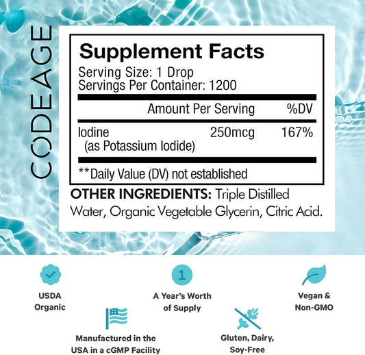 Codeage Usda Organic Iodine Drops – 250 Mcg - 1+ Year Supply - Liquid Iodine Supplement – Iodine Drops Solution - Pure, Clear Iodine - Vegan Iodine Liquid Drop - 2 Fl Oz