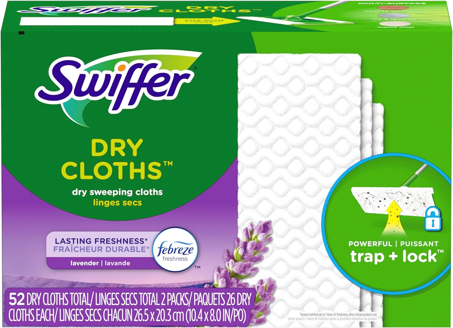 Swiffer Sweeper Dry Sweeping Pad, Multi Surface Refills for Dusters Floor Mop with Febreze Lavender Scent, 52 Count