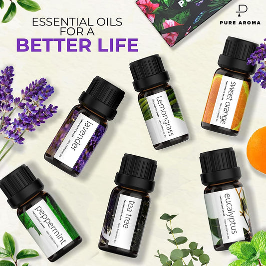 Essential Oils By Pure Aroma 100% Pure Oils Kit- Top 6 Aromatherapy Oils Gift Set-6 Pack, 10Ml(Eucalyptus, Lavender, Lemon Grass, Orange, Peppermint, Tea Tree)