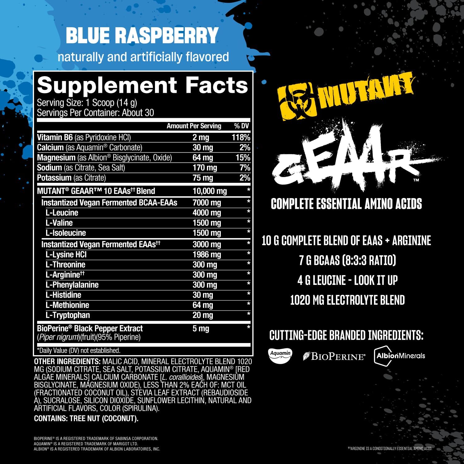 Mutant Geaar - 9.4G Of Eaa Powder + Arginine, 7G Bcaas, 4G Leucine, Electrolytes, Coconut Water, No Artificial Colors Or Flavors, Delicious Taste - 30 Servings - Rocket Pop - 400G : Health & Household