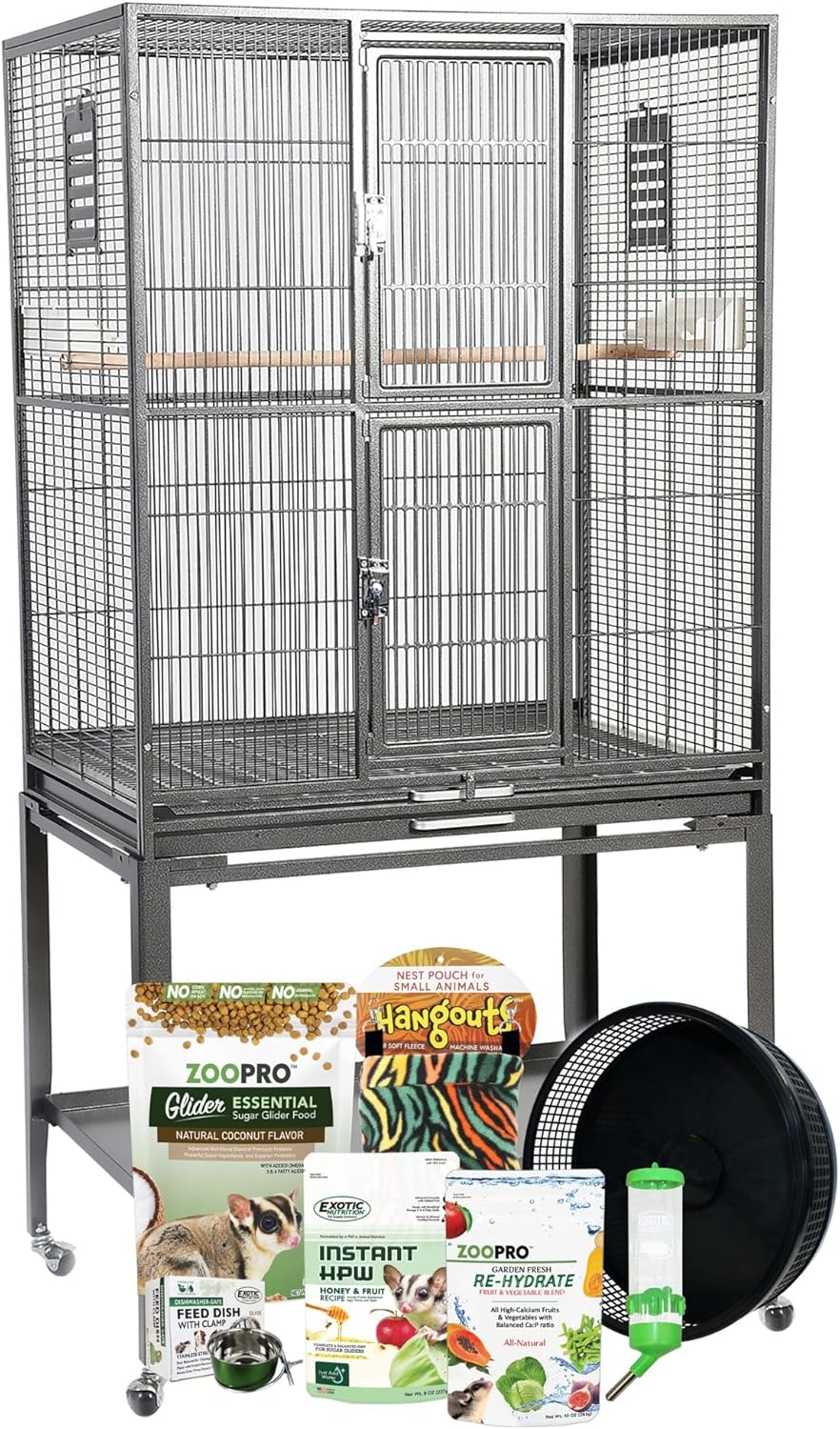 Brisbane Cage & Starter Package For Sugar Gliders - Includes Durable Cage, Healthy Food Variety, Exercise Wheel, Food Dishes, Water Bottle & Nest Pouch