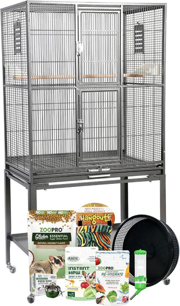 Brisbane Cage & Starter Package For Sugar Gliders - Includes Durable Cage, Healthy Food Variety, Exercise Wheel, Food Dishes, Water Bottle & Nest Pouch