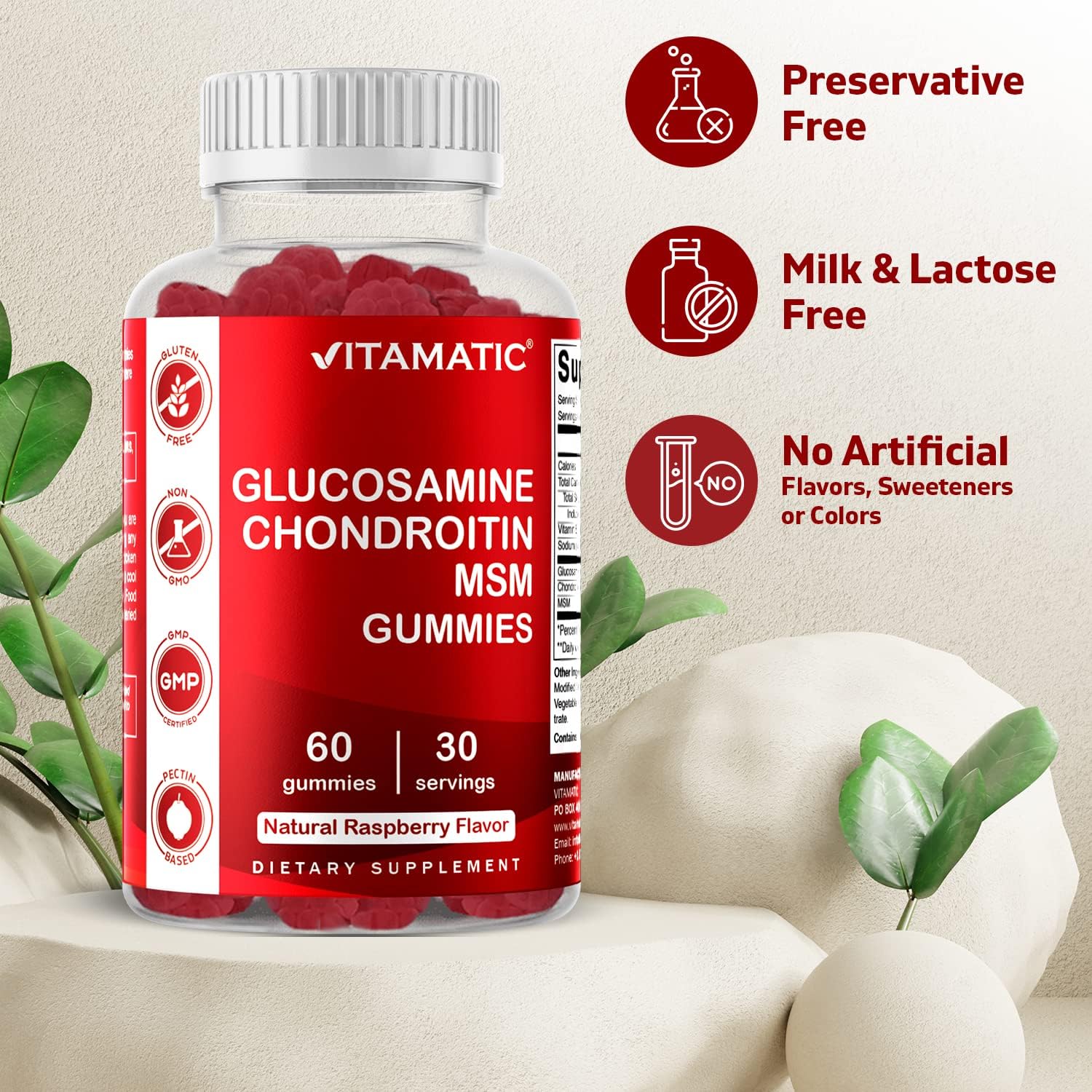 Vitamatic Glucosamine Chondroitin Gummies with MSM & Vitamin E - Joint Support - 60 Pectin Based Gummies : Health & Household