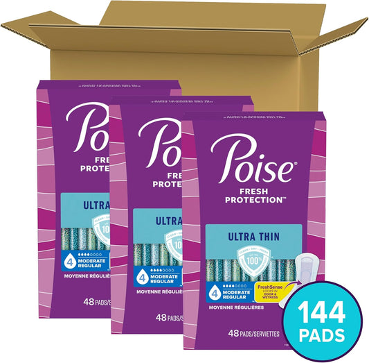 Poise Ultra Thin Incontinence Pads & Postpartum Incontinence Pads, 4 Drop Moderate Absorbency, Regular Length, 144 Count (3 Packs Of 48), Packaging May Vary