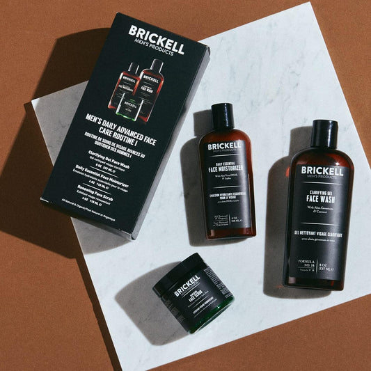 Brickell Men's Daily Advanced Face Care Routine I, Gel Facial Cleanser Wash, Face Scrub, Face Moisturizer Lotion, Natural and Organic, Unscented, Men's Skin Care Gift Set