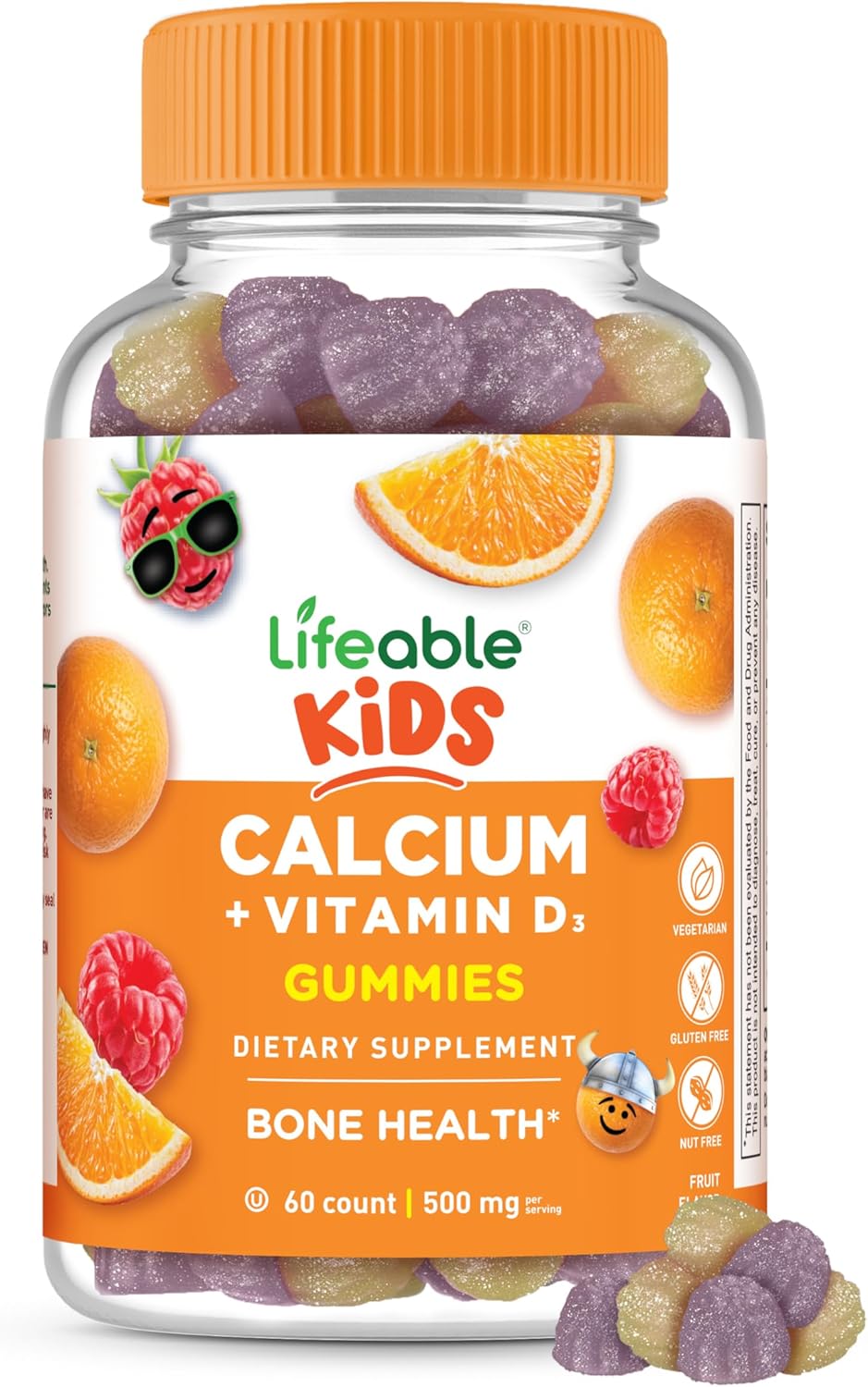 Lifeable Kids Calcium Gummies With Vitamin D3 | 500 Mg Calcium With Vitamin D3 1000 Iu | Great Tasting Calcium Supplement For Kids | For Bone Health And Teeth Growth | 60 Gummies