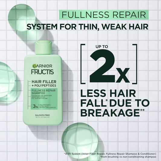 Garnier Fructis Hair Filler Fullness Repair Shampoo, Volumizing Shampoo With Polypeptides And Hair Repair Complex For Thin, Weak Split Ends, 10.1 Fl Oz