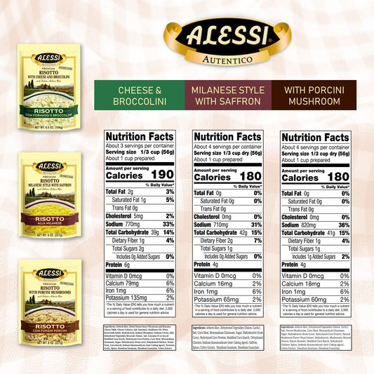 Alessi Autentico, Premium Seasoned Risotto, Italian Arborio Rice, Easy to Prepare, 8oz (Variety Pack, Pack of 3)