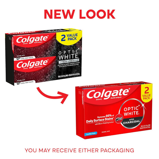 Colgate Optic White Charcoal Whitening Toothpaste, Cool Mint, Enamel-Safe With Fluoride, 2 Pack 4.2Oz Tubes