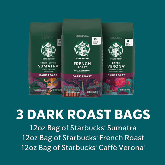 Starbucks Dark Roast Whole Bean Coffee, Variety Pack, 3 Bags (12 Oz Each)