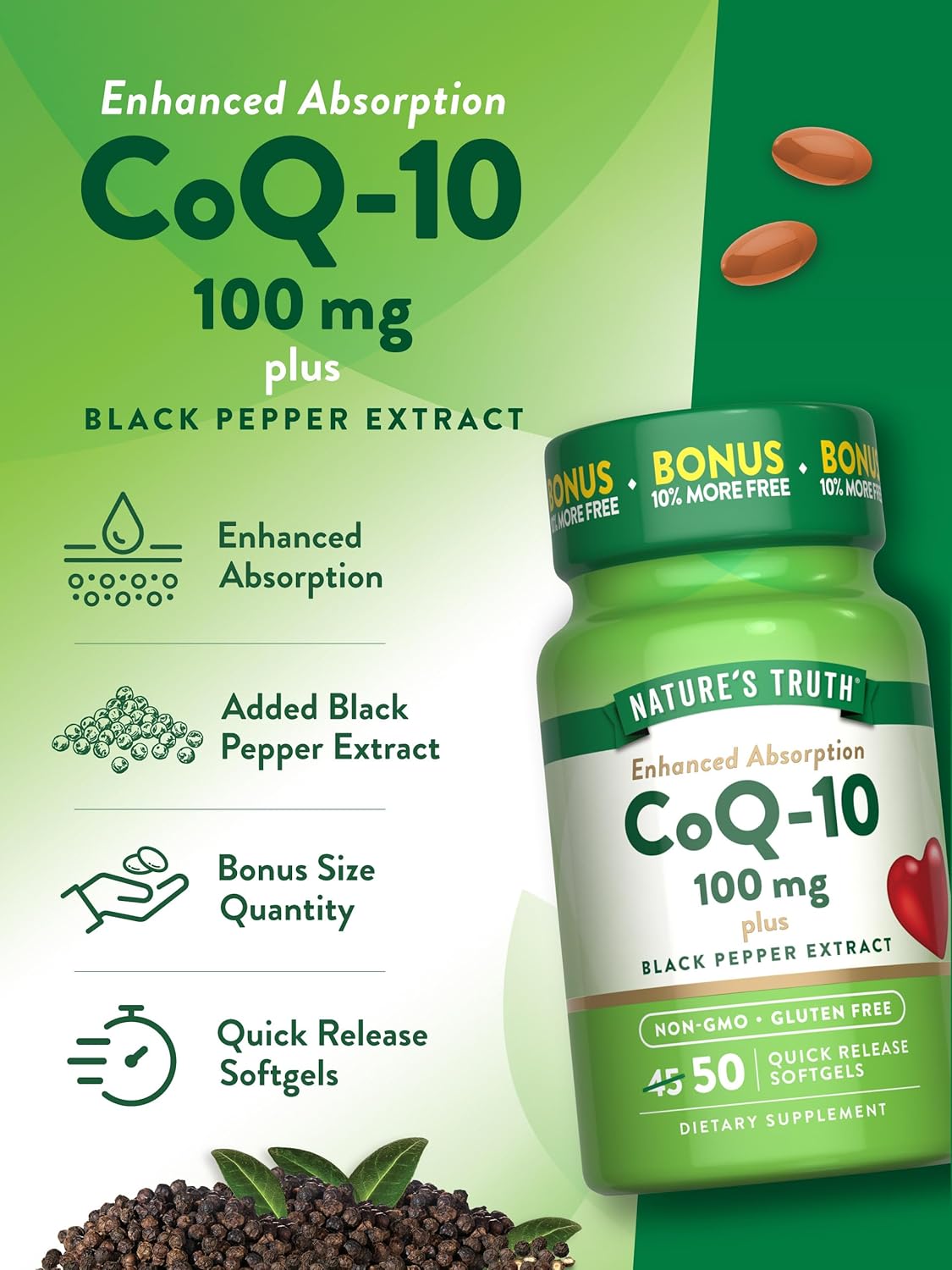 CoQ10 100mg | 50 Softgels | Enhanced Absorption Supplement | Plus Black Pepper Extract | Non-GMO and Gluten Free Formula | by Nature's Truth : Health & Household