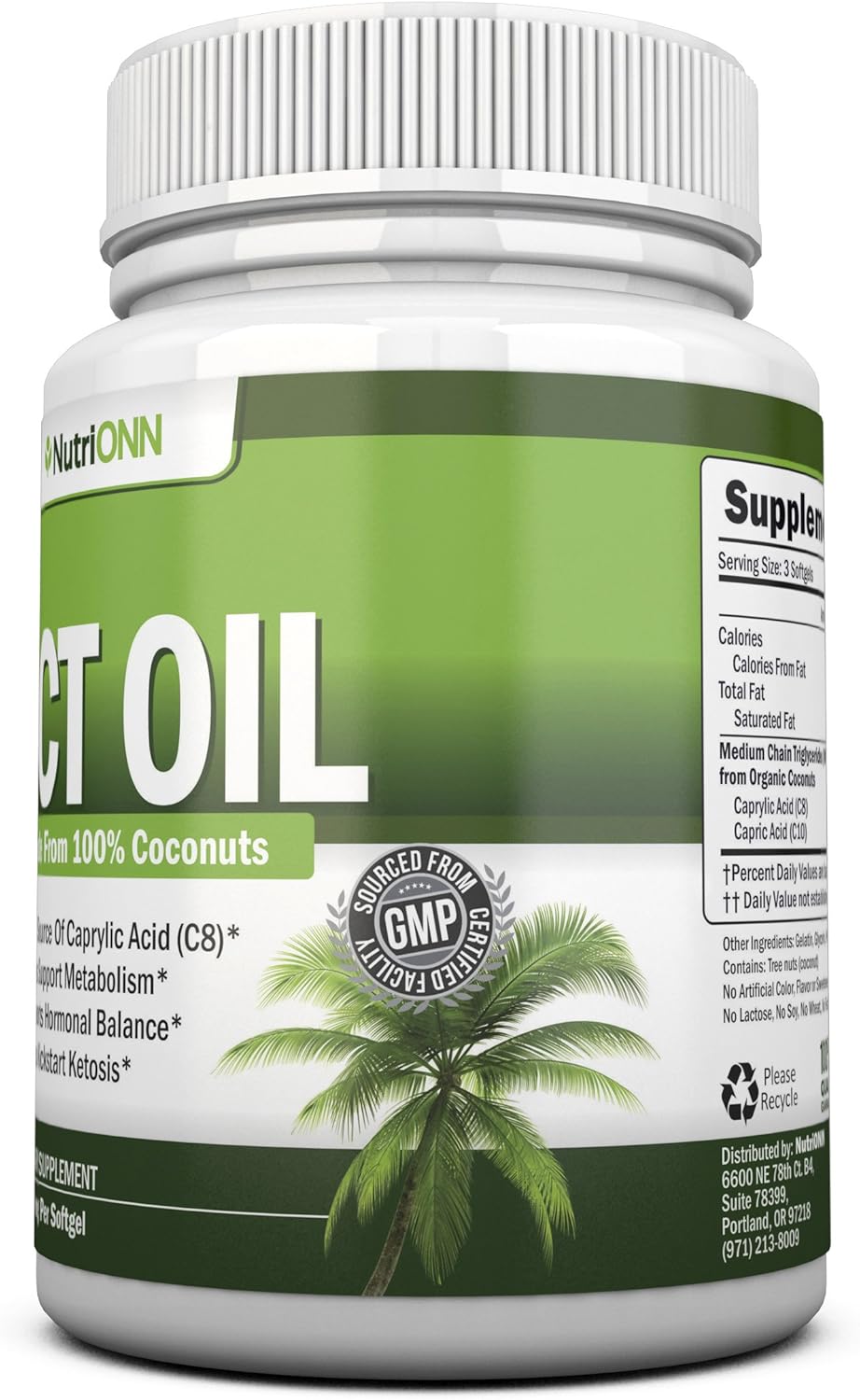 Nutrionn Mct Oil - 3000Mg Per Serving - 180 Softgels - Made From 100% Organic Coconuts - Non Gmo, Cold Pressed, Paleo Friendly Capsules - Great For Focus & Gut Health : Health & Household
