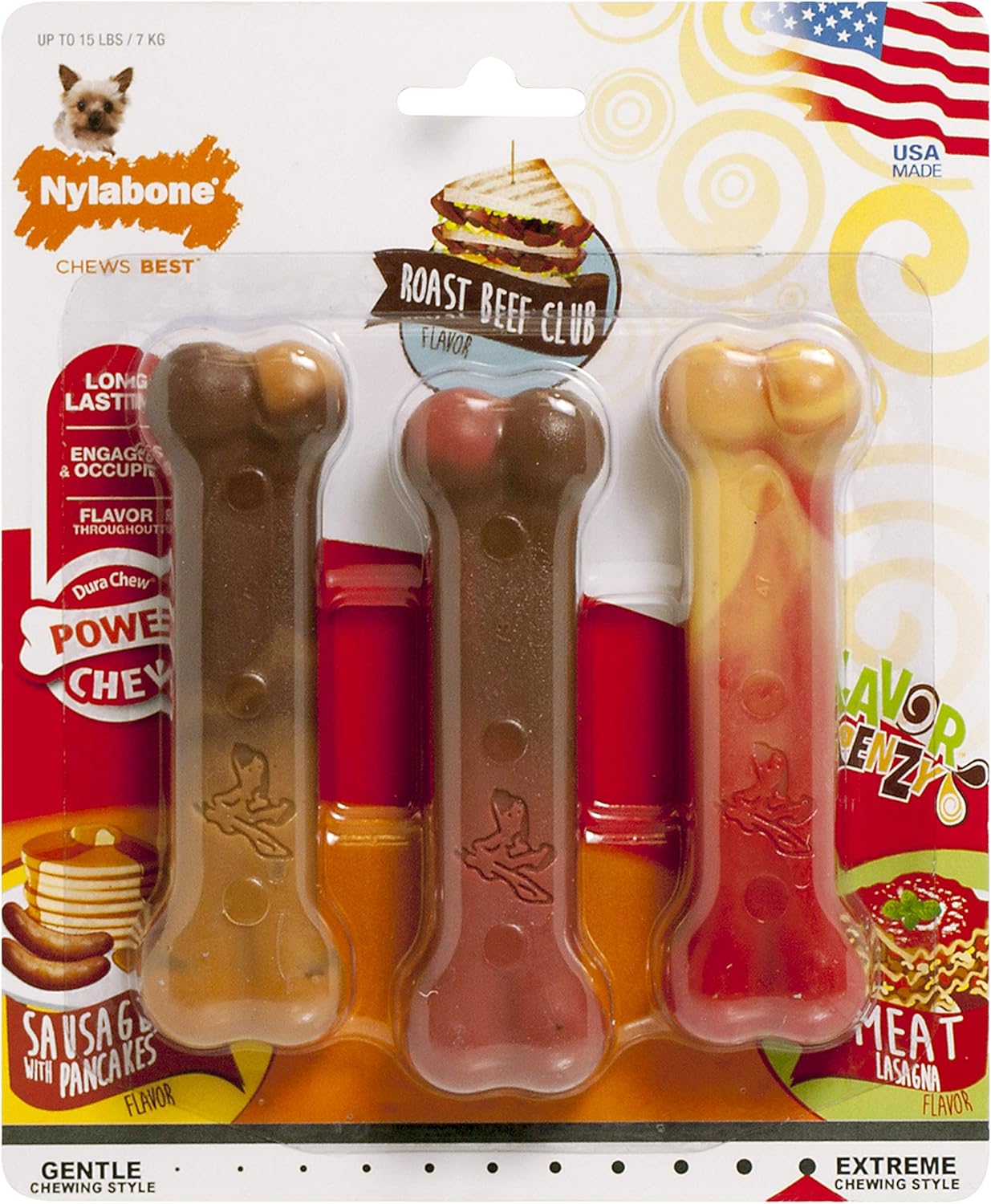 Nylabone Power Chew Flavor Frenzy Bone Chew Toy For Dogs, Chew Toys For Aggressive Chewers, Pancakes & Sausage, Roast Beef Club, & Lasagna Flavor, X-Small/Petite - Up To 15 Lbs. (3 Count)