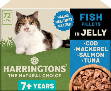 Harringtons Complete Wet Pouch Grain Free Hypoallergenic Senior Cat Food Fish in Jelly Pack 72x85g - Cod, Mackerel, Salmon & Tuna - Making Mealtimes Meatier?HARRWCATSENF-C85